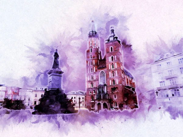 Eski şehir Krakow sanat illüstrasyonları antika