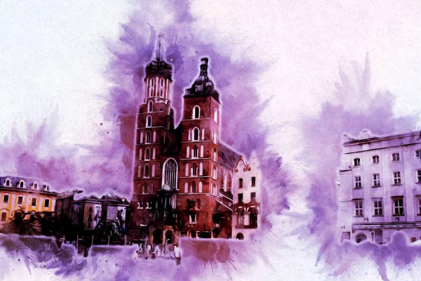 Eski şehir Krakow sanat illüstrasyonları antika