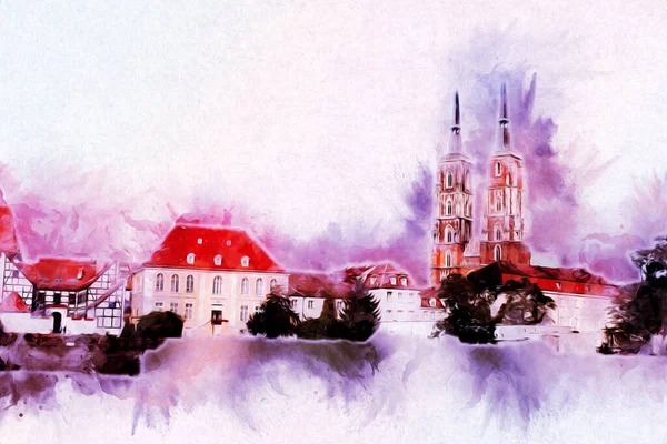 Breslau Stadt Polen Retro Vintage Art Zeichnung Skizze Illustration — Stockfoto