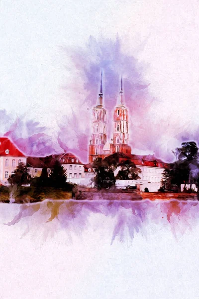 Wroclaw Cidade Poland Retro Vintage Arte Desenho Esboço Ilustração — Fotografia de Stock