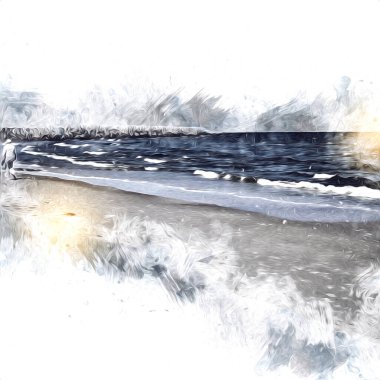 Beyaz kumlu güzel bir sahil, yaz tatili sanat çizimleri için doğal arka plan.