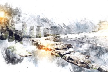 Beyaz kumlu güzel bir sahil, yaz tatili sanat çizimleri için doğal arka plan.