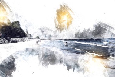 Beyaz kumlu güzel bir sahil, yaz tatili sanat çizimleri için doğal arka plan.