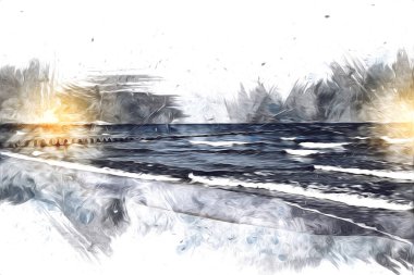 Beyaz kumlu güzel bir sahil, yaz tatili sanat çizimleri için doğal arka plan.