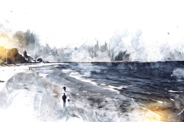 Beyaz kumlu güzel bir sahil, yaz tatili sanat çizimleri için doğal arka plan.