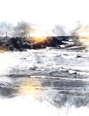 Beyaz kumlu güzel bir sahil, yaz tatili sanat çizimleri için doğal arka plan.