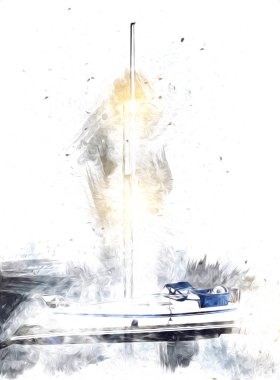 Yelkenli tekneler marina sanat illüstrasyonuna yerleştirildi.