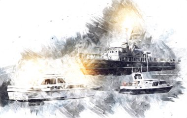 Yelkenli tekneler marina sanat illüstrasyonuna yerleştirildi.