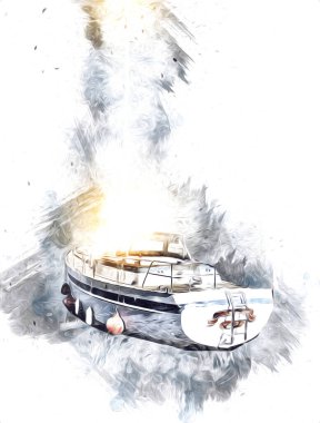 Yelkenli tekneler marina sanat illüstrasyonuna yerleştirildi.