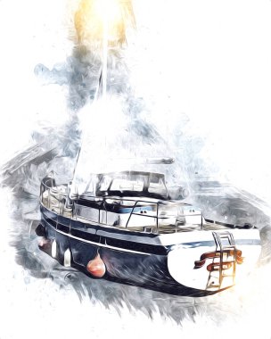 Yelkenli tekneler marina sanat illüstrasyonuna yerleştirildi.