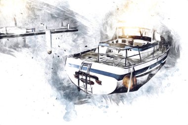 Yelkenli tekneler marina sanat illüstrasyonuna yerleştirildi.