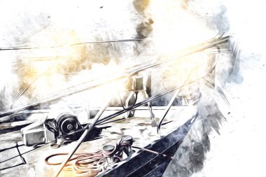 Yelkenli tekneler marina sanat illüstrasyonuna yerleştirildi.