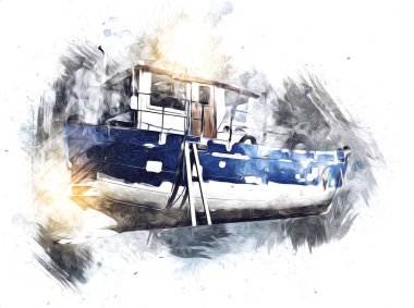 Yelkenli tekneler marina sanat illüstrasyonuna yerleştirildi.