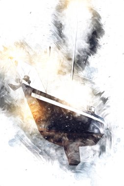 Yelkenli tekneler marina sanat illüstrasyonuna yerleştirildi.