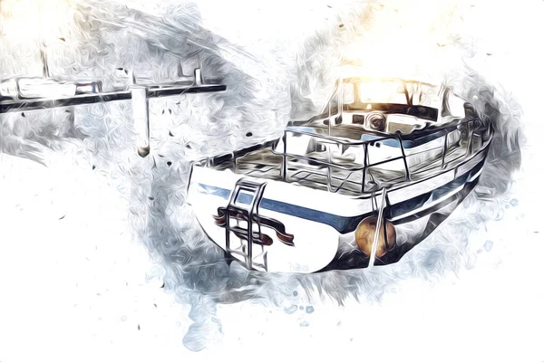 Yelkenli tekneler marina sanat illüstrasyonuna yerleştirildi.