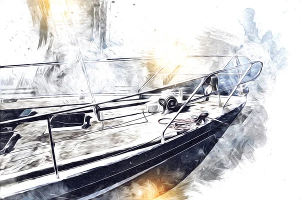 Yelkenli tekneler marina sanat illüstrasyonuna yerleştirildi.