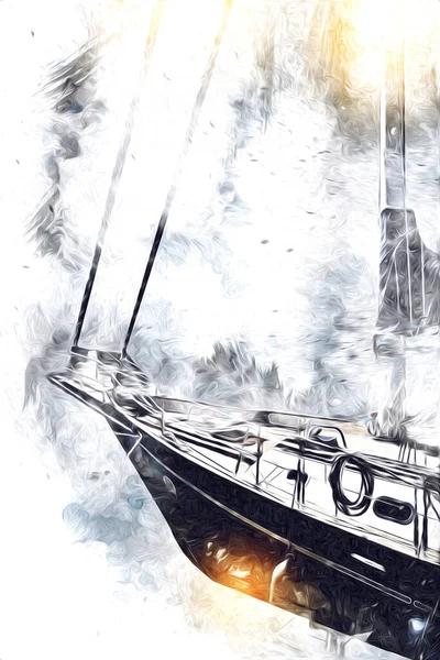 Yelkenli tekneler marina sanat illüstrasyonuna yerleştirildi.