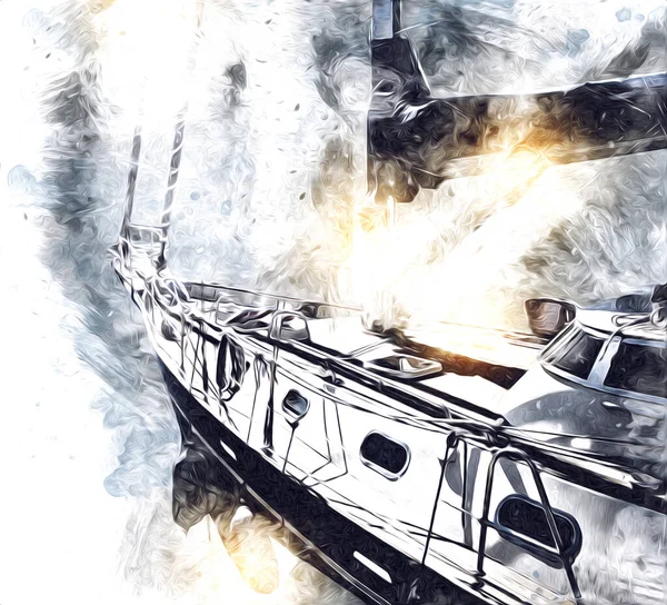 Yelkenli tekneler marina sanat illüstrasyonuna yerleştirildi.