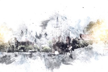 Polonya 'daki Gdansk şehrinin mimarisinin güzel bir görüntüsünün suluboya çizimi veya çizimi