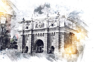 Polonya 'daki Gdansk şehrinin mimarisinin güzel bir görüntüsünün suluboya çizimi veya çizimi