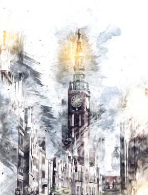 Polonya 'daki Gdansk şehrinin mimarisinin güzel bir görüntüsünün suluboya çizimi veya çizimi