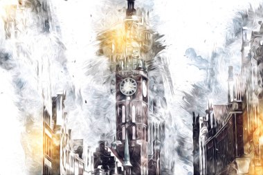 Polonya 'daki Gdansk şehrinin mimarisinin güzel bir görüntüsünün suluboya çizimi veya çizimi