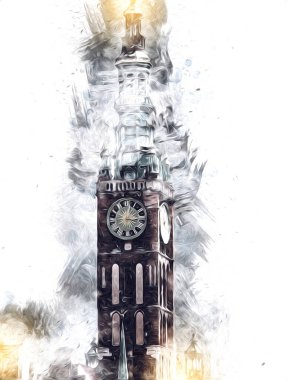 Polonya 'daki Gdansk şehrinin mimarisinin güzel bir görüntüsünün suluboya çizimi veya çizimi