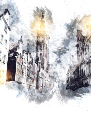 Polonya 'daki Gdansk şehrinin mimarisinin güzel bir görüntüsünün suluboya çizimi veya çizimi