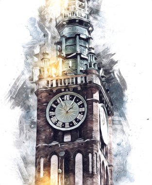 Polonya 'daki Gdansk şehrinin mimarisinin güzel bir görüntüsünün suluboya çizimi veya çizimi