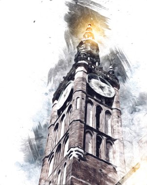 Polonya 'daki Gdansk şehrinin mimarisinin güzel bir görüntüsünün suluboya çizimi veya çizimi