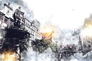 Polonya 'daki Gdansk şehrinin mimarisinin güzel bir görüntüsünün suluboya çizimi veya çizimi