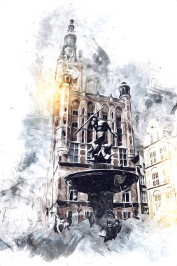 Polonya 'daki Gdansk şehrinin mimarisinin güzel bir görüntüsünün suluboya çizimi veya çizimi