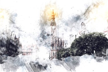 Polonya 'daki Gdansk şehrinin mimarisinin güzel bir görüntüsünün suluboya çizimi veya çizimi