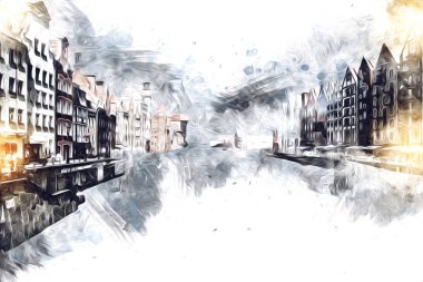 Polonya 'daki Gdansk şehrinin mimarisinin güzel bir görüntüsünün suluboya çizimi veya çizimi