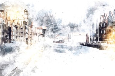 Polonya 'daki Gdansk şehrinin mimarisinin güzel bir görüntüsünün suluboya çizimi veya çizimi