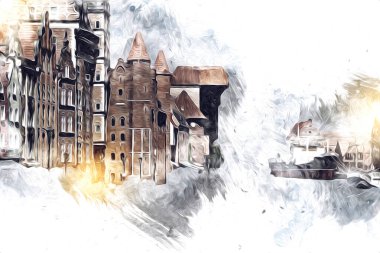 Polonya 'daki Gdansk şehrinin mimarisinin güzel bir görüntüsünün suluboya çizimi veya çizimi