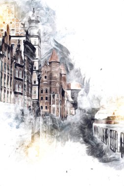 Polonya 'daki Gdansk şehrinin mimarisinin güzel bir görüntüsünün suluboya çizimi veya çizimi