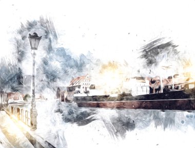 Polonya 'daki Gdansk şehrinin mimarisinin güzel bir görüntüsünün suluboya çizimi veya çizimi