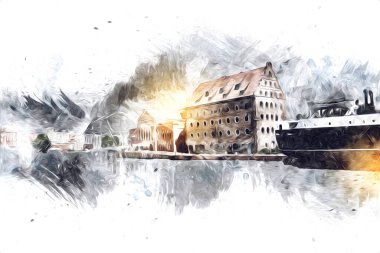 Polonya 'daki Gdansk şehrinin mimarisinin güzel bir görüntüsünün suluboya çizimi veya çizimi