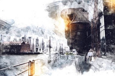 Polonya 'daki Gdansk şehrinin mimarisinin güzel bir görüntüsünün suluboya çizimi veya çizimi