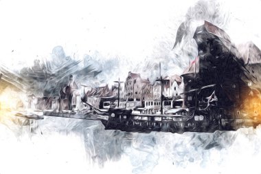 Polonya 'daki Gdansk şehrinin mimarisinin güzel bir görüntüsünün suluboya çizimi veya çizimi