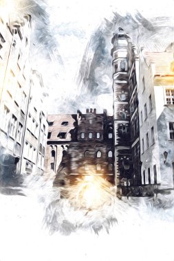 Polonya 'daki Gdansk şehrinin mimarisinin güzel bir görüntüsünün suluboya çizimi veya çizimi