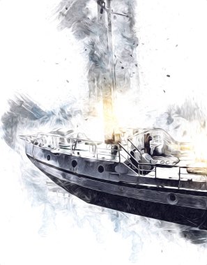 Yelkenli tekneler rıhtıma, liman sanatı illüstrasyonları klasik