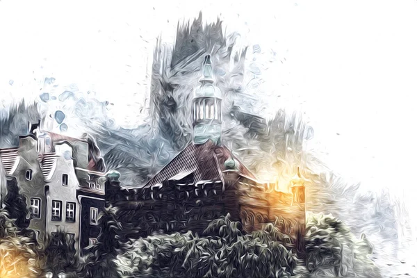 Polonya 'daki Gdansk şehrinin mimarisinin güzel bir görüntüsünün suluboya çizimi veya çizimi