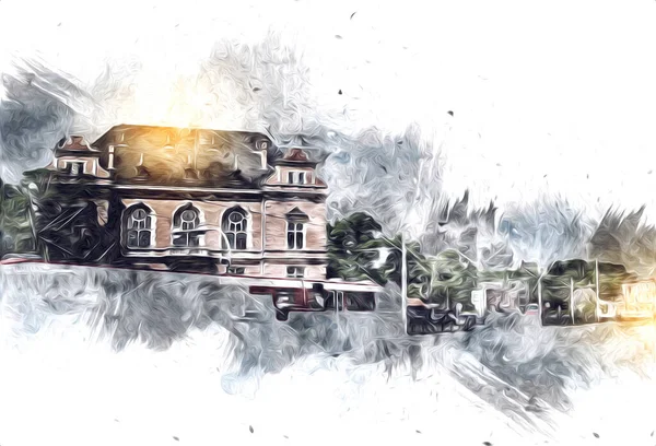 Polonya 'daki Gdansk şehrinin mimarisinin güzel bir görüntüsünün suluboya çizimi veya çizimi