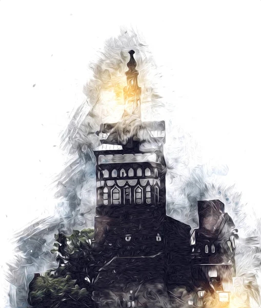 Polonya 'daki Gdansk şehrinin mimarisinin güzel bir görüntüsünün suluboya çizimi veya çizimi