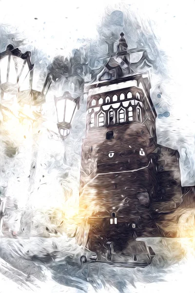 Polonya 'daki Gdansk şehrinin mimarisinin güzel bir görüntüsünün suluboya çizimi veya çizimi