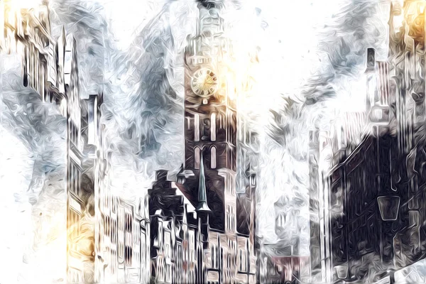 Polonya 'daki Gdansk şehrinin mimarisinin güzel bir görüntüsünün suluboya çizimi veya çizimi