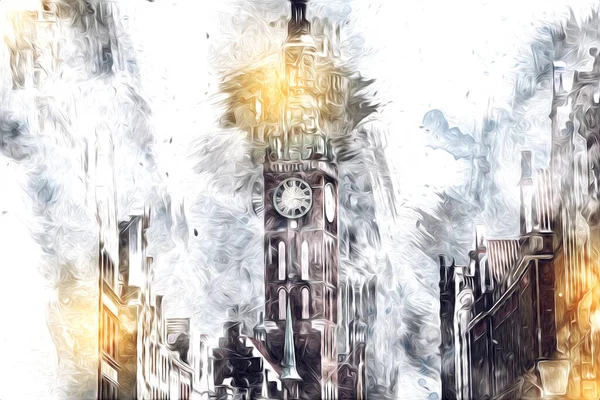 Polonya 'daki Gdansk şehrinin mimarisinin güzel bir görüntüsünün suluboya çizimi veya çizimi