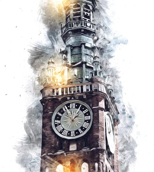 Polonya 'daki Gdansk şehrinin mimarisinin güzel bir görüntüsünün suluboya çizimi veya çizimi